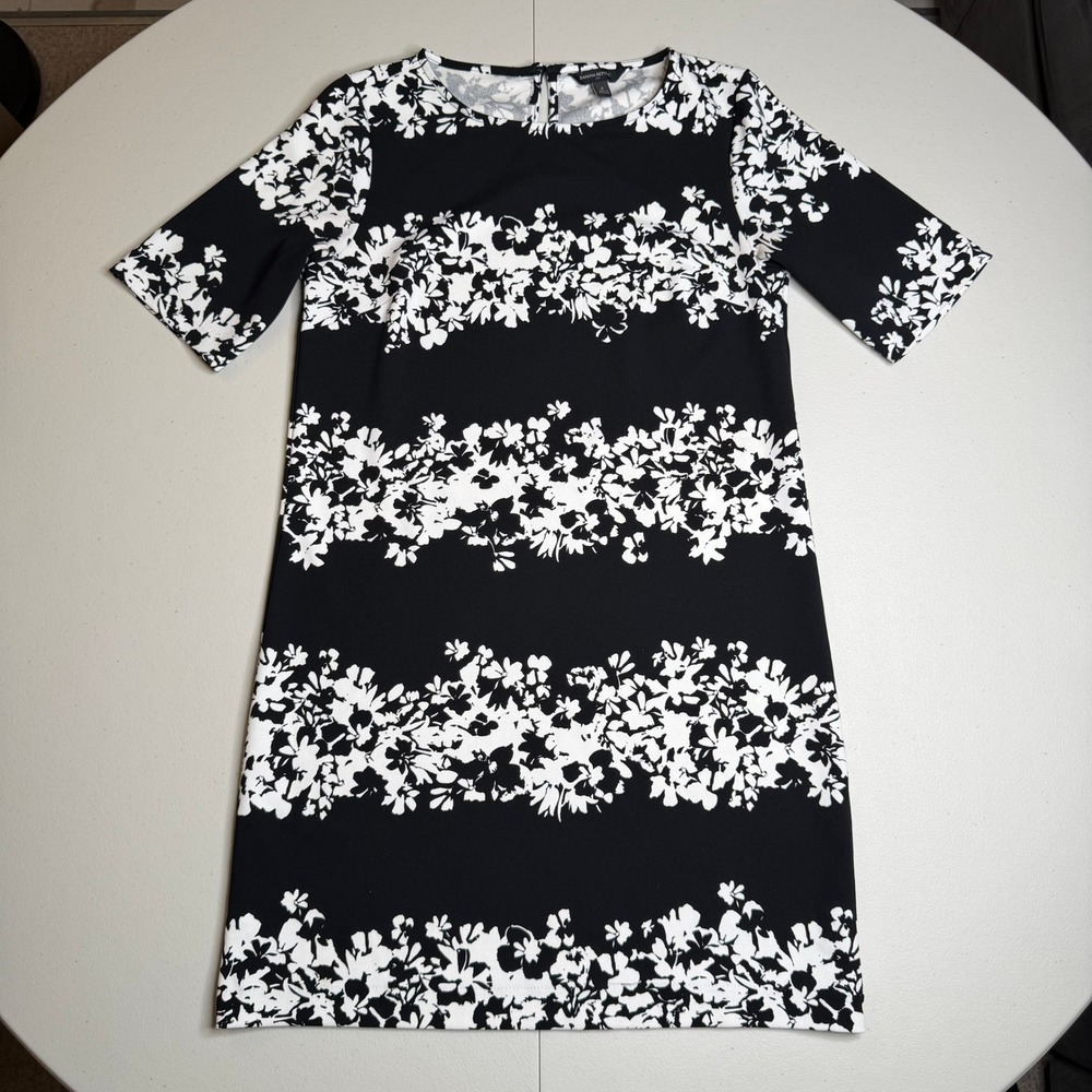 Banana Republic Womens Size 4 Black White Floral Stripe Shift Dress Short Sleeve